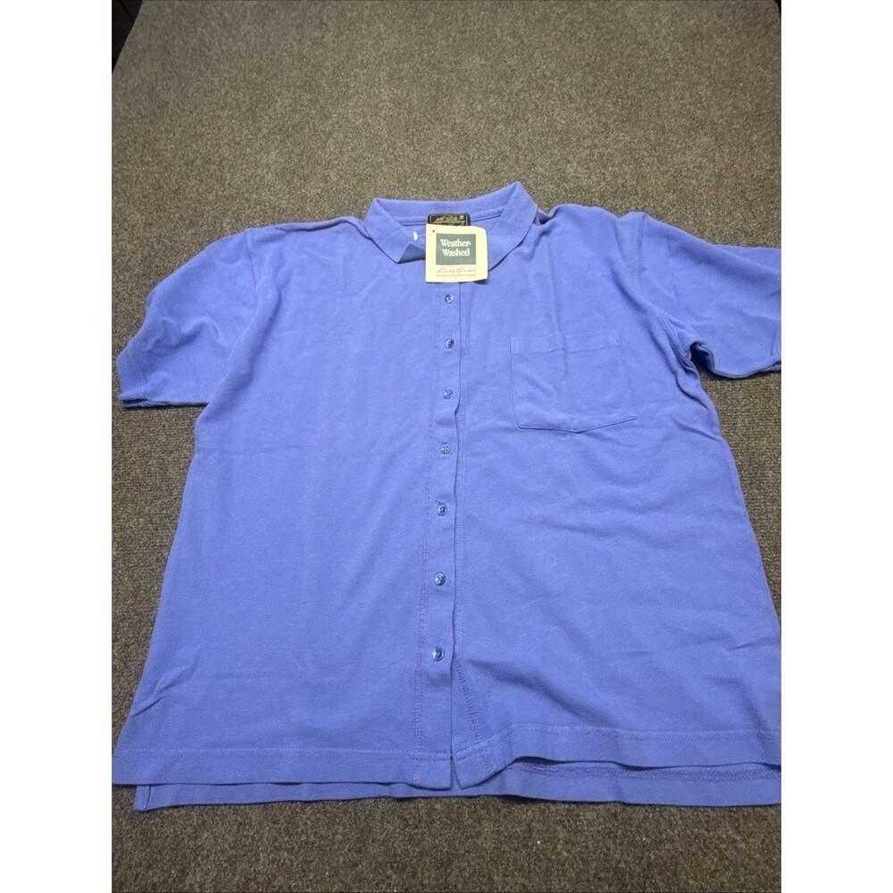 New Eddie Bauer Women L Weather Washed Short-Sleeve Button-Down Shirt Periwinkle